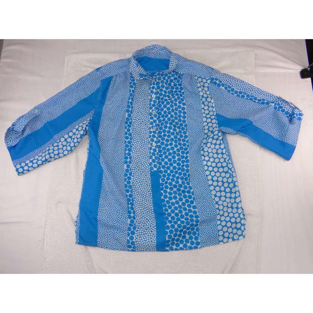 Blue White Polka Dot Stripe‎ Popover Blouse Roll Tab 3/4 Sleeve Tunic Top 3336